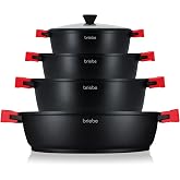 Briebe Black Titanium Cookware Induction 8 Pieces Non-Stick | Titanium Set of 4 Cast Aluminium Pots without PFOA Set Casserol