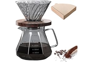 GOMETY Pour Over - Caffettiera da 600 ml, in vetro borosilicato con 100 filtri di carta (misura 02), fondo in noce, ideale per casa, caffetteria, ristorante e campeggio (1-4 tazze, 20 once)