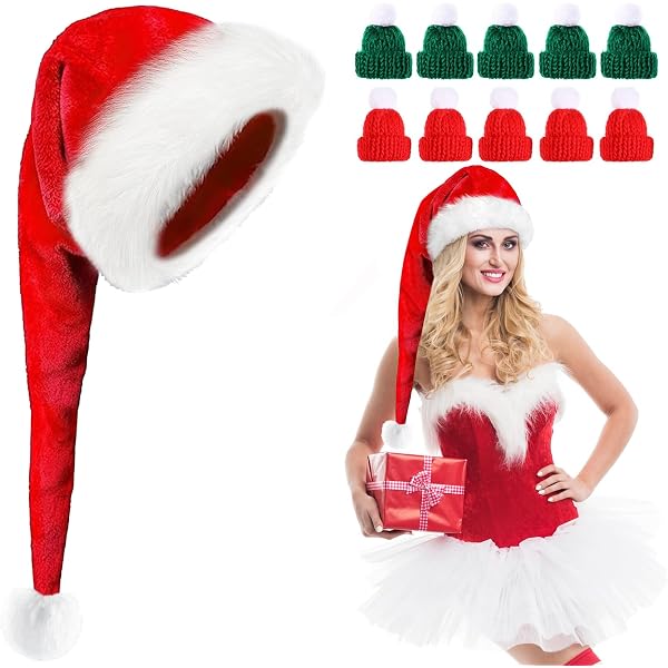 Bonnet De Père Noël Luxe En Peluche Rouge Et Blanc - Extra Long Avec Pompon - Pour Fêtes De Noël - 2