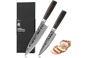 Wakoli EDIB Essentials Set de 2 Couteau de Chef I Lames en acier damassé à 67 couches avec noyau VG10 et manches en bois de pakka I Couteaux de cuisine professionnels, Boîte Cadeau et Protège-Doigts
