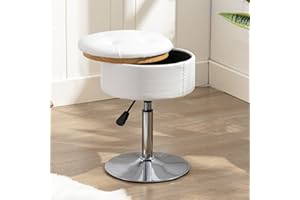 LUE BONA 360°Swivel Vanity Stool Chair for Makeup Room, Height Adjustable Stool for Vanity with Storage, Small White Faux Leather Vanity Stool for Bathroom, Living Room