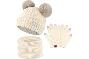 BEQUEMER LADEN Bambino Bambina Invernale Termico Cappello Berretto Beanie con Pompom Sciarpa Scaldacollo in Maglia Guanti Touch Screen Set per 3-10 Anni Bambini