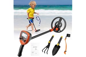 Metal Detector, VAYOTOY Metal Detector per Bambini, Metal Detector Professionali con Display LCD e Asta Regolabile 48-80 cm, Bobina di Ricerca Impermeabile IP68, con Rastrello, Pala
