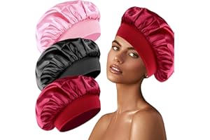 WINBEST 3 Stück Seidenhaube zum Schlafen, Schlafhaube Seide Silk Bonnet Satin Bonnet Sleep Cap Schlafhaube Haare Schützen Lockenhaube zum Schlafen Bonnet Seide Satin Haarhaube für Die Nacht(Schwarz,Rosa,Rot)