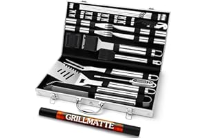 Grilliance 26 Stücke Edelstahl Grillzubehör Set Hochwertiger BBQ Grillbesteck Koffer Perfektes Grillwerkzeug Set für Männer Geschenk mit Tragbarer Aufbewahrungskoffer und Fleischthermometer Silber