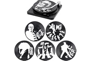 Fippy Lot de 6 dessous de verre rétro en forme de disque vinyle avec support, dessous de verre antidérapant pour boissons, café, thé, bière