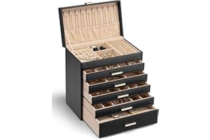 Vlando Nowoczesna szkatułka na biżuteria, duża, 6 poziomów, przestronna, na kolczyki, pierścionki, z szufladami, lustrem, poduszką na zegarki