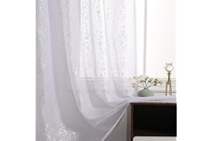 Kotile Sparkle Net Curtains White - Metallic Silver Foil Glitter Sheer Curtains 72 Inch Drop, Privacy Rod Pocket Silver White Voile Curtains for Living Room, W66 x D72 Inch, 2 Panels, Silver White