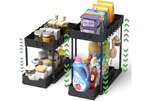 Meltrck 2 Pezzi Organizer Sottolavello Cucina 2 Livelli, Scaffale Estraibile per Lavello, Portaoggetti Sottolavello con 16 Ganci,4 Altezze (32cm-46cm),Nero