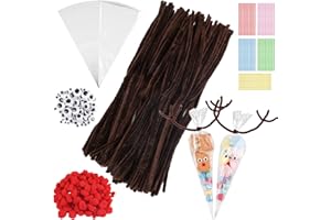 DEEPTON Brown Pipe Cleaners for Reindeer Food Bags, Brown Pipe Cleaners for Craft with 150 Pcs Googly Eyes and 150 Pcs Red Noses Pom Poms, Sweet Cone Cellophane Bags for Christmas Reindeer