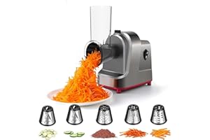 ABsuper Electric Cheese Grater Vegetable Slicer - 250W Electric Rotary Grater Chopper Salad Maker with 4 Stainless Steel Drums for Cucumber, Carrot, Potato, Nuts, Chocolate