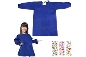 IWTBNOA Bata de pintura para niños, azul, delantal para niños con mangas, delantal de pintura para niños, bata de arte para niños, 7 ~ 11 años, talla L (estatura 120 ~ 140 cm), delantal de