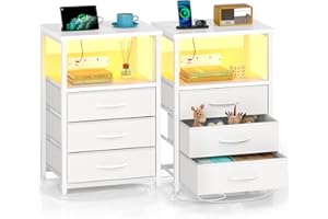 Seventable Bedside Tables Set of 2 - LED Side Table with Charging Station, Storage Shelf and 3 Drawers - Slim Narrow Nightstand Small Spaces for Bedroom/Living Room (2, White)