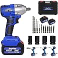 21V MAX Brushless Cordless Impact Wrench Car Repair Wheel Nut Gun Electric 420 N.M High Torque Impact Wrench Power Wrench Electric Cordless Driver with 4 Sockets + 12 Driver Bits+ 2x 6.0AH Battery
