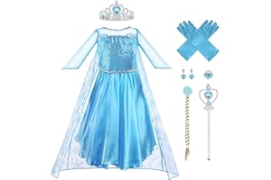Vicloon Elsa sukienka, 5 szt. kostium elsy dla dziewczynki z diademem i różdżką, kostium dziewczęcy, Boże Narodzenie, Halloween, karnawał, Cosplay, urodziny, sukienka imprezowa (130)