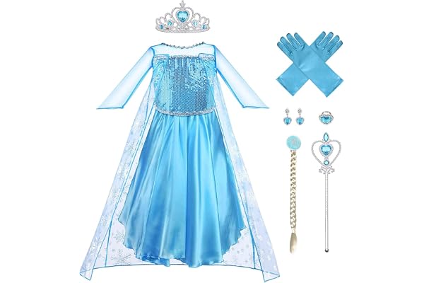 Vicloon Robe Princesse Elsa,Robe de Princesse Reine des Neiges pour Cosplay Mariage Carnaval Fête d'anniversaire - avec Accessoires de Baguette Magique Princesse Couronne