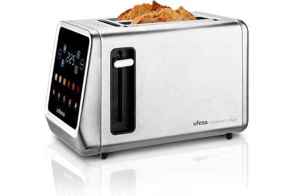 Ufesa One Touch Duo - Grille-pain numérique 850W, 2 fentes, écran LED, 6 niveaux, fonctions Pain, Bagel, Muffin, Gaufre, Réchauffer, Décongeler, Mémoire, Plateau ramasse-miettes