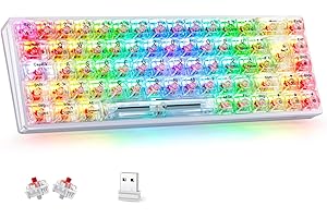 ‎TECURS TECURS Mechanische Tastatur, RGB Gaming Tastatur Kabellos mit transparenter PC-Tastenkappe, 65% TKL Tastatur QWERTZ (Deutsch Layout) mit Rote Schalter für PC/MAC/iPad/Laptop/Xbox One
