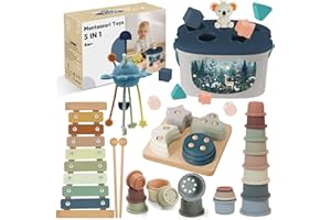 ALMAXI Juguetes Bebes 6-12 Meses,5 en 1 Juguetes Montessori,Juguetes Sensoriales con Cuerda para Tirar, Clasificación y Apilamiento de Formas,Xilófono,Taza de Apilable,Regalos Bebés Montessori 6 a 12 Meses