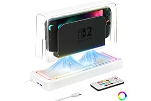 HEYSTOP Switch 2 Cubierta Antipolvo para Nintendo Switch 2 Dock con Múltiples Luces RGB para Nintendo Switch 2 Accesorios, Carcasa Switch 2 con Ventilador de Refrigeración, Antipolvo y Antiarañazos