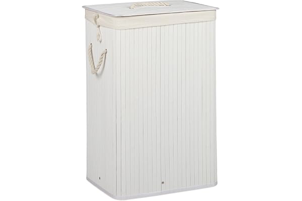 Relaxdays Panier à linge pliant corbeille pliable rectangle en bambou 83 litres 65 cm hauteur HxlxP 65,5 x 43,5 x 33,5 cm, blanc