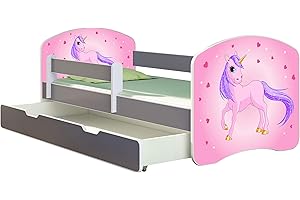 ACMA Letto per Bambino Cameretta per Bambino con Materasso Cassetto II Grigio (17 Il pony con lo sfondo rosa, 180x80 + Cassetto)