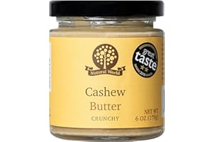 ‎NUTURAL WORLD Nutural World - Knusprige Cashew-Nussbutter 100% pur (170g netto) im Glasgefäß - Vegan, ohne Zusatz von Salz, Zucker oder Palmöl - ein Preisgekröntes Produkt