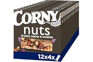 Corny Nuts | 48 Barrette ai Cereali, Frutta Secca e Uvetta, 12 Confezioni da 4 Barrette x 24gr, Senza Olio di Palma, Senza Conservanti, Senza Coloranti