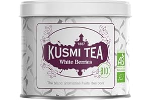‎KUSMI TEA Kusmi Tea - White Berries - Organiczna biała herbata z dzikimi jagodami - 100% naturalny smak czarnej porzeczki, truskawki i jeżyny - Metalowa puszka 90 g - ilość na około 50 filiżanek