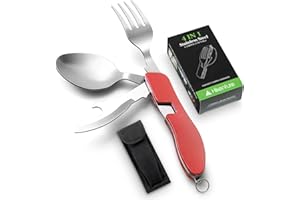 Przybory kempingowe firmy Hikenture widelec ze stali nierdzewnej 4 w 1, nóż, łyżeczka, zestaw otwieraczy do butelek z futerałem do przechowywania (czerwony)