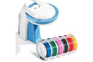 Airmall Beschriftungsgerät Prägegerät mit 6 Rollen 3D Prägebändern 9mm x 3m, Blau Handgerät Vintage Etikettenprägegerät Prägegerät, Handbuch Tragbare Etikettiergerät für Home Schule Küche und DIY