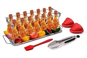 MIGECON Chicken Leg and Wing Rack, 14-Slot Foldable Chicken Drumstick Rack with Drip Pan, Silicone Brush, Food Clip, Silicone Finger Grip, Stainless Steel Chicken Racks for Smoked Oven and Charcoal Grill