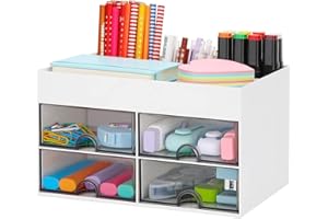 ROMINVIC Organiseur de bureau - Organiseur de bureau avec 6 compartiments et 2 petits tiroirs - Boîte de rangement pour porte-crayons (Blanc-1)