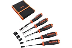 JORGENSEN Ciseaux à Bois en Cr-V Professionnels 5 Pièces, Largeur de 6/10/12/19/25 mm, avec Capuchon en Métal et Lame de Protection et Sac Durable pour Menuiserie Sculpture