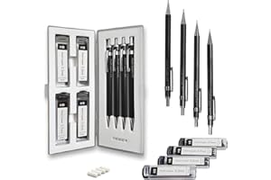 ‎MOZART SUPPLIES MozArt Schwarzer Druckbleistift Set mit Etui - 4 Größen: 0.3, 0.5, 0.7 & 0.9mm mit je 30 HB Minen & 4 Radiergummi-Minen - Zeichnen, Skizzieren Druckbleistifte, Metall-Druckbleistift