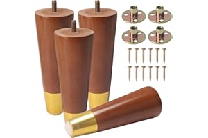 COEWUR 4 Pcs Wooden Furniture Legs, 6inch/15cm Solid Wood Replacement Sofa Legs Straight Cone Furniture Feet, Chair Leg with Gold Caps Pads Screws Mounting Plate for Couch Table Dresser Bed Cabinet