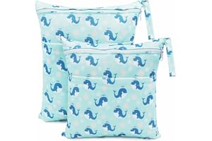 CHEESANHERR Bolsa de Pañales Impermeable，2 Pcs Wetbags de Tela con 2 Cremallera Portátil, Bolsa Muda Bebe, Organizador Reutilizable Lavable Guardería Colegio Viaje Playa Piscina Gym (Ballena Azul)