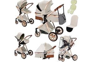 YAZOCO Poussette 3 en1 Compacte Bébé Poussette CombinéEs Anstout Terrain Luxe Haut Paysage Quadruple 0-36kg Bébé Pliable Canne Poussettes Confort Accessoires Auto Siège (Crème)