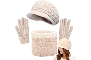 Joligiao Winter Hat Scarf and Gloves Set Women's Knitted Beret Hat Warm Thermal Neck Warmer Touchscreen Gloves 3 in 1 Crochet Set Winter Outdoor Sports
