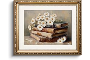 HUARCEY Leinwand Bilder mit Gold Rahmen, klein Vintage Wandbilder, Gänseblümchen und Büchern Painting, Wand Deko Wohnzimmer Schlafzimmer Arbeitszimmer, Bauernhaus Deko Aesthetic,33x40cm