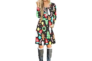 AUSELILY Women's Long Sleeve Pleated Loose Swing Casual Dress with Pockets Knee Length