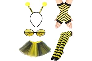 Falafoty 7 Pcs Bee Costume Set for Adults Bumble Bee Fancy Dress Set Including Sunglasses Headband Leg Sleeves Long Gloves Bee Dress For Role Play Cosplay Dress Up Party