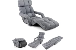 LIFEZEAL Sillón convertible de 1 plaza para adultos con reposacabezas, sillón de lectura plegable con respaldo ajustable, 6 posiciones 16°-107°, silla perezosa con reposapiés de 8 ajustes, gris