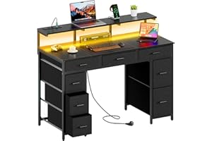 HLFURNIEU Scrivania con 8 Tessuto Cassetti, Tavolo Gaming con Presa di Corrente & Porta USB, Scrivania PC Salvaspazio con LED, Tavolo Ufficio con Supporto per Monitor (Nero, 120 × 50 cm)