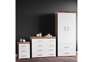 DRP Trading White & Walnut 3 Piece Bedroom Furniture Set, 3 Drawers Chest, 4+4 Drawers Chest, 2 Door Wardrobe, Complete Bedroom Ensemble, Ideal for Bedroom Organisation, Room Storage, Elegant Decor