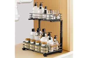 JYPS Organizer Sottolavello, 2 Livelli Metallo Cassetti Scorrevoli per Cucina, Estraibili Portaoggetti Lavello, Ripiano Regolabile in Altezza per Armadi, Bagno (Nero)