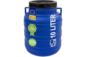 plasteo® Barril de boca ancha de 10 litros con tapa, barril de plástico, barril universal, apto para alimentos, barril de agua, barril de chucrut, barril de almacenamiento, asas estables, azul