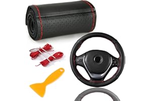 AIXIMA Housse de Volant en Cuir Véritable, Couture à la Main en Cuir Respirant de Vachette, Housse Volant Voiture, Universel Couvre Volant de Bricolage en Cuir de 37 à 39 cm (Ligne Rouge, Noire)