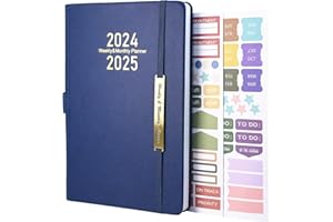 HOYUNLL Diary 2024-2025 - 18 Month A5 Week to View Diary from Jan. 2024 to Jun.2025 Mid Year, Productivity Daily Planner，Weekly & Monthly Planner with Leather Cover,Sticker, Pen Loop, Inner Pocket (Blue)