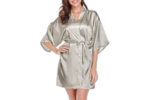 Vlazom Kimono szlafrok damski, krótki satynowy szlafrok kąpielowy z paskiem, dekolt w serek, kimono